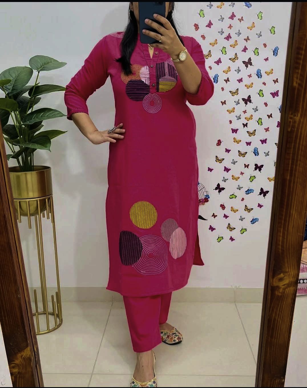 Biba Vibrant Fuchsia Pink Embroidered Cotton Kurta Set