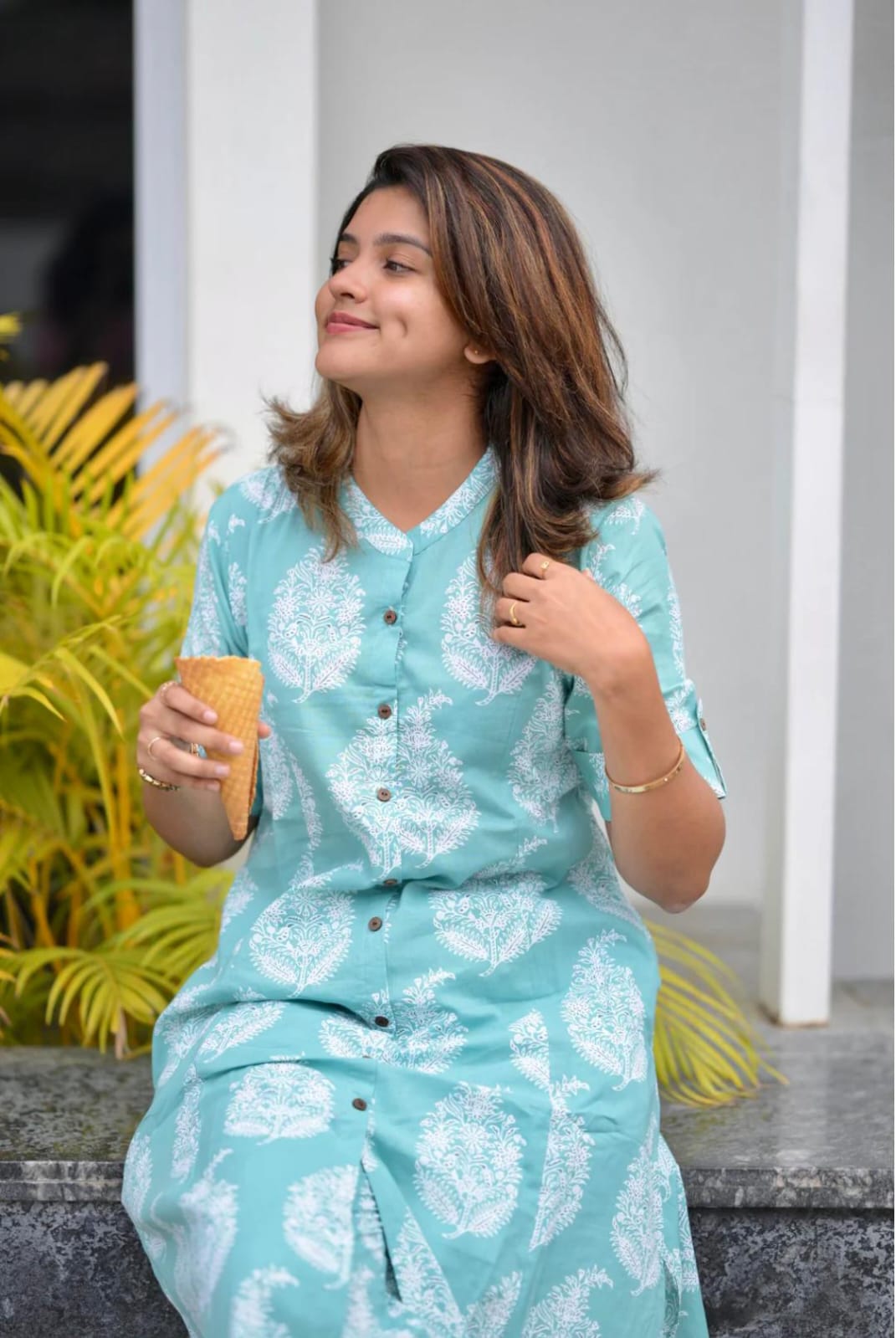 Biba Elegant Aqua Blue Printed Cotton Kurti Set