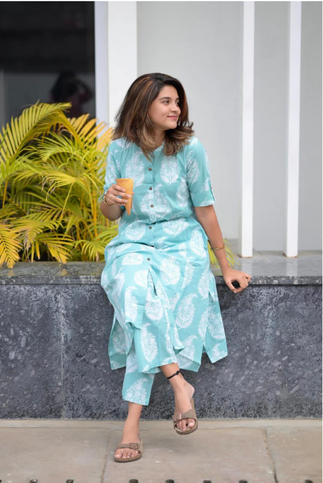 Biba Elegant Aqua Blue Printed Cotton Kurti Set