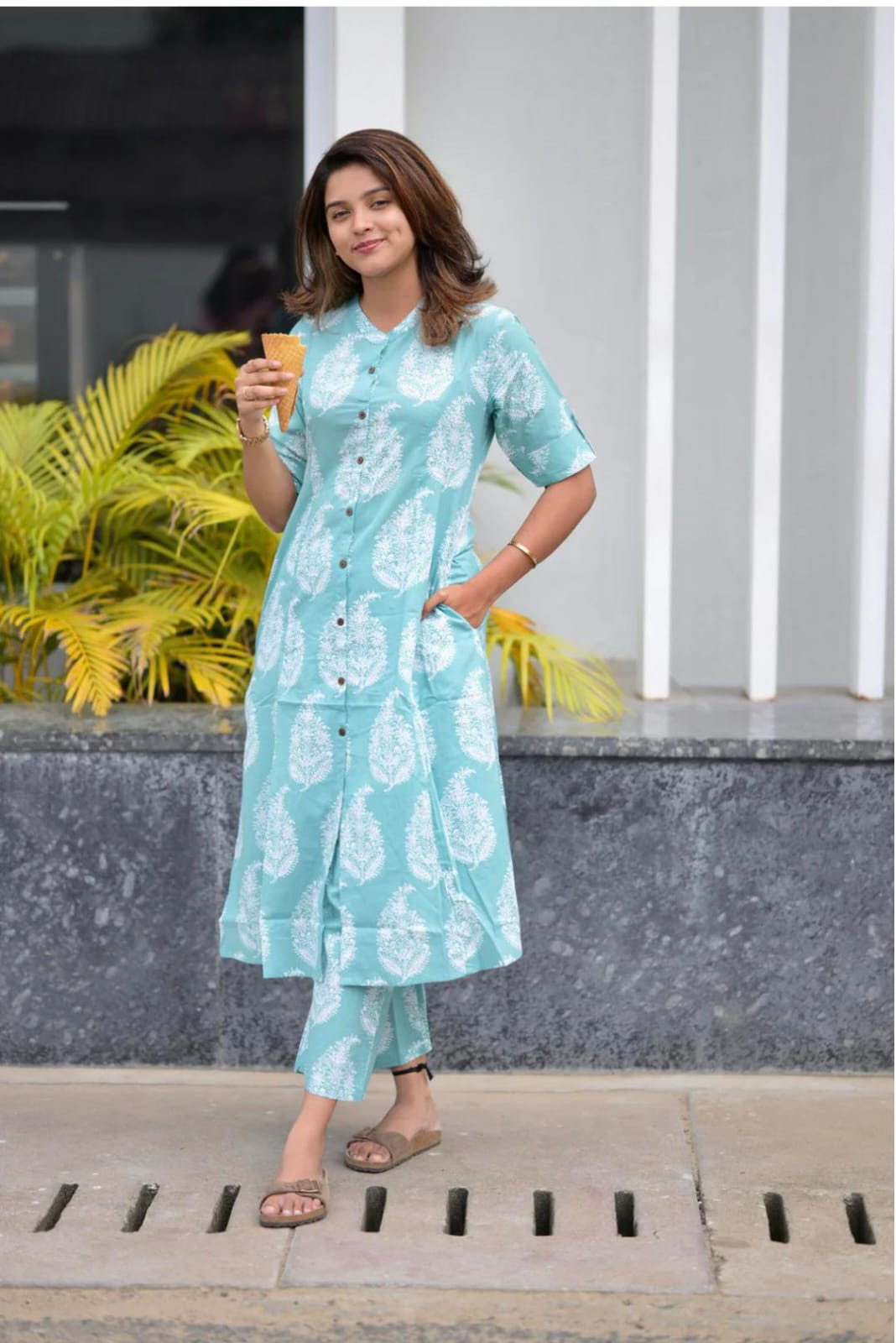 Biba Elegant Aqua Blue Printed Cotton Kurti Set