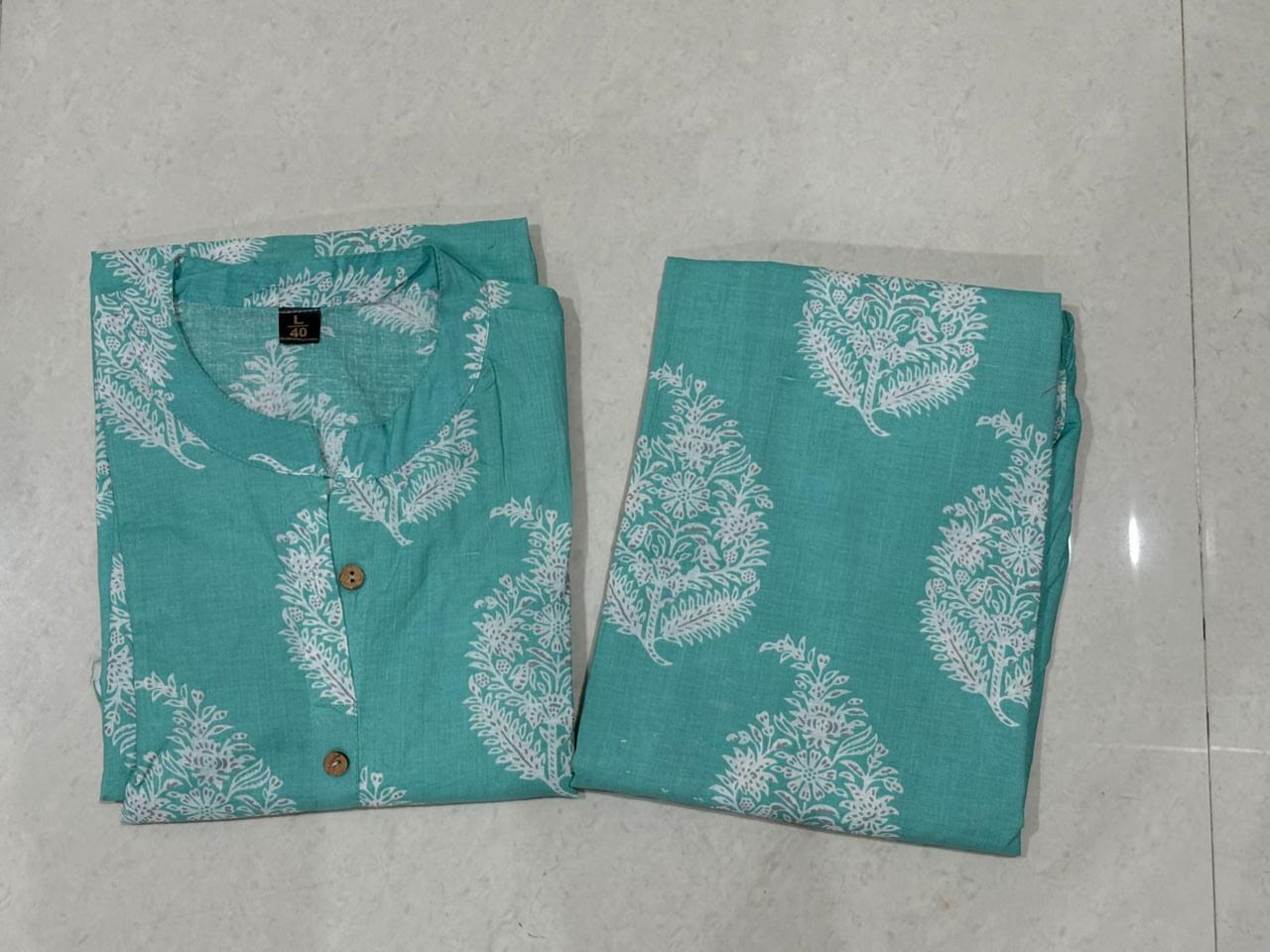 Biba Elegant Aqua Blue Printed Cotton Kurti Set