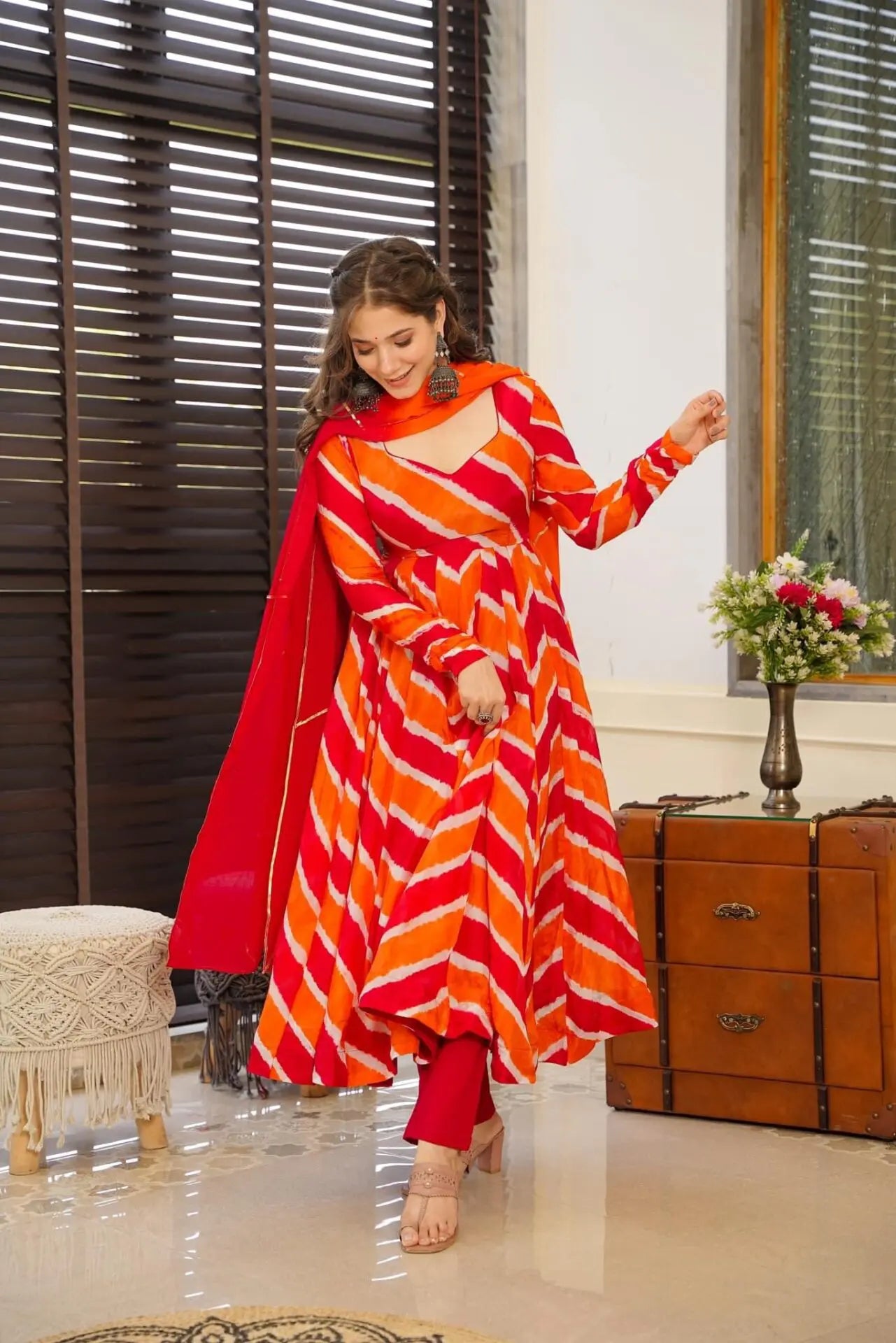 Biba Orange Leheriya Organza Anarkali Suit Set