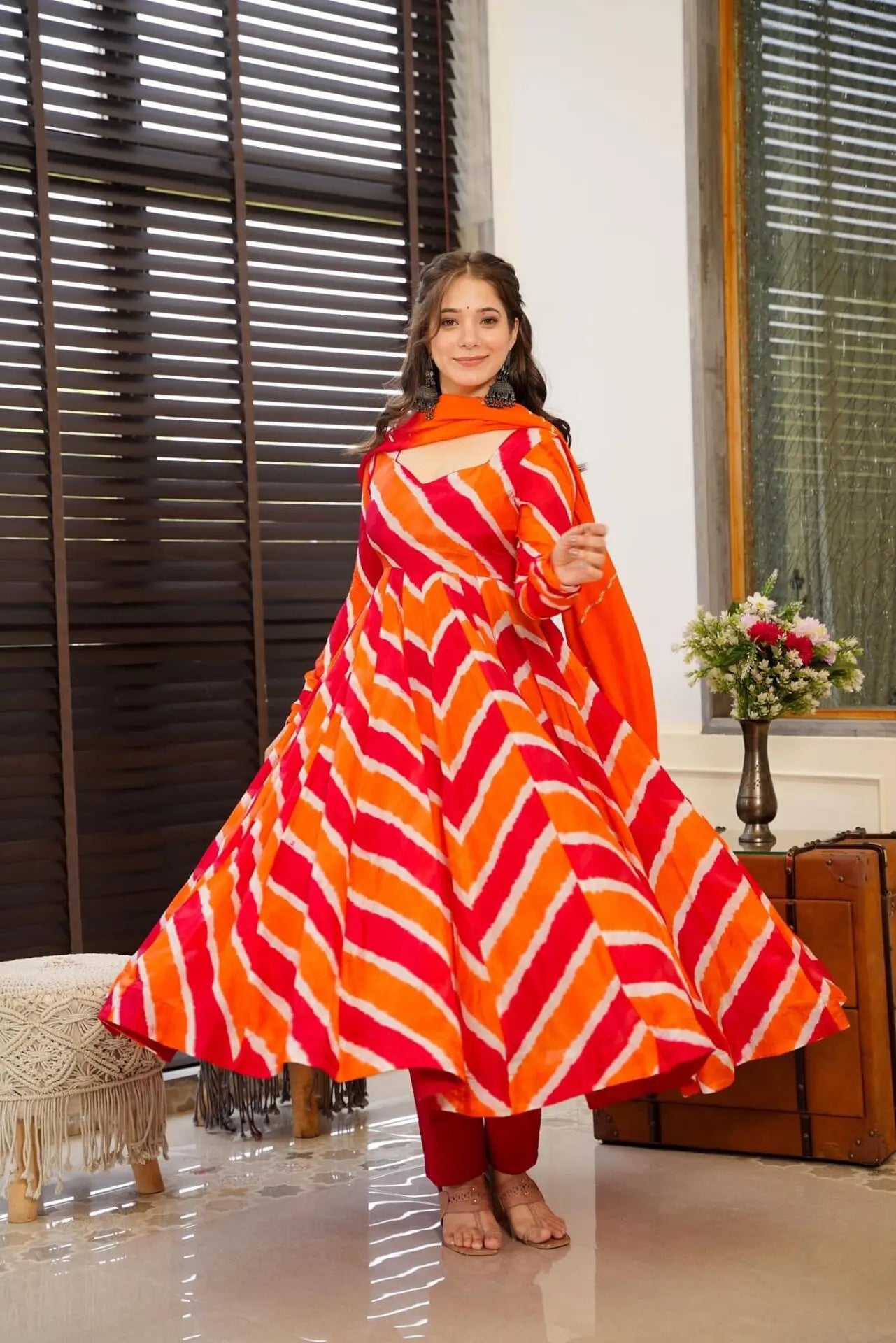 Biba Orange Leheriya Organza Anarkali Suit Set