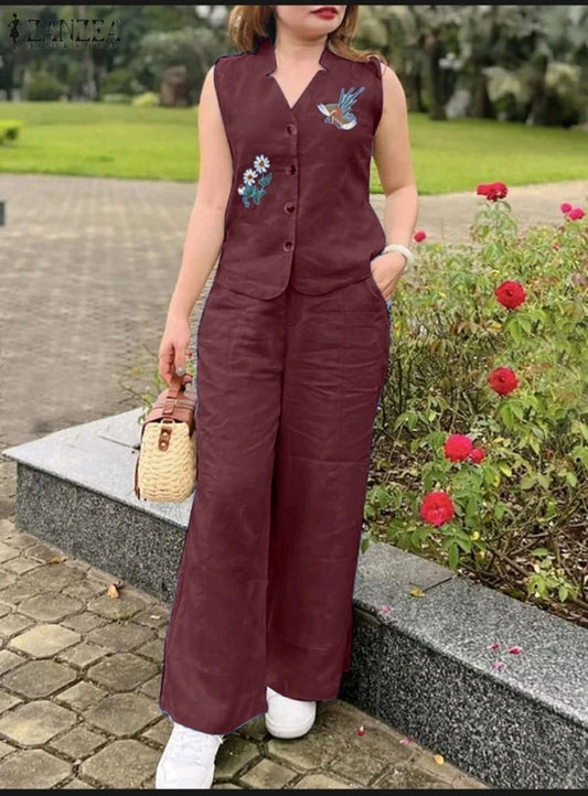 Women's Sleeveless Maroon Linen Embroidered Two-Piece Set