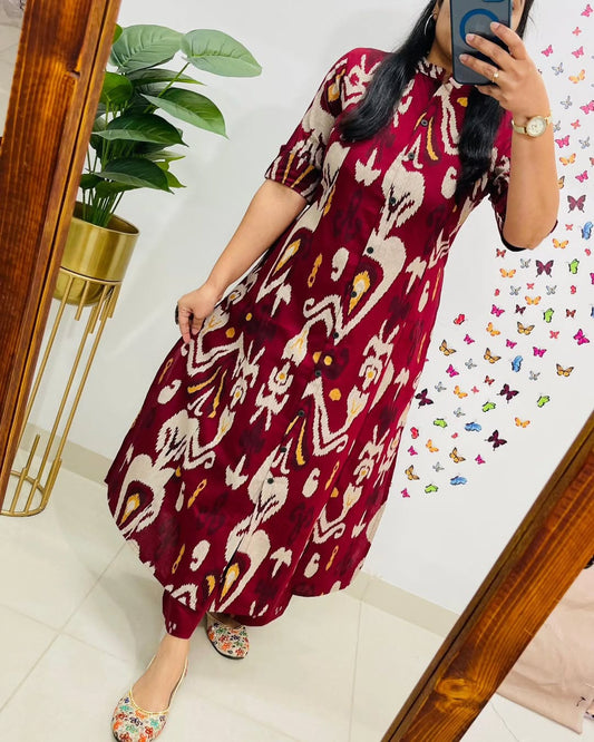 Biba Stylish Maroon Ikat Printed Cotton Kurta Set