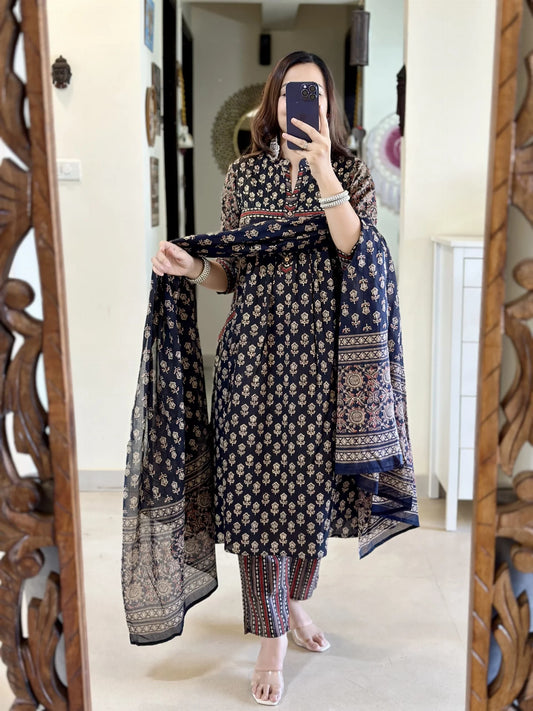 Biba Elegant Black Handblock Printed Kurta Set