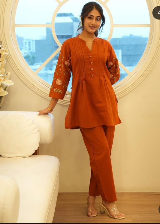 Biba Elegant Rust Orange Embroidered Cotton Co-Ord Set