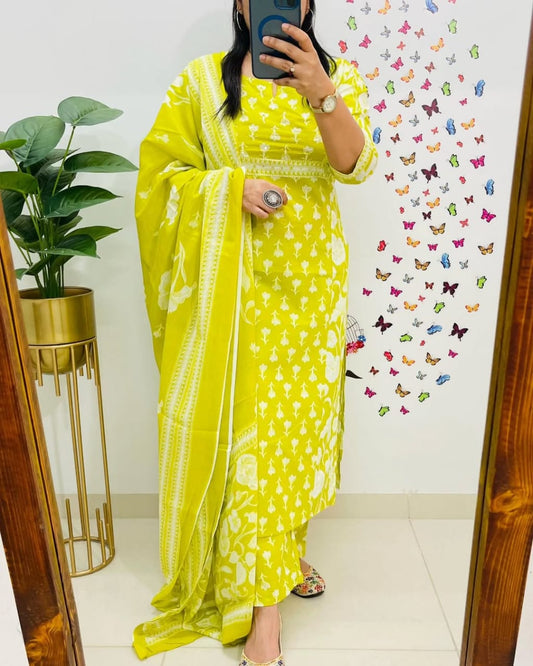 Biba Vibrant Lime Yellow Printed Ethnic Suit Set