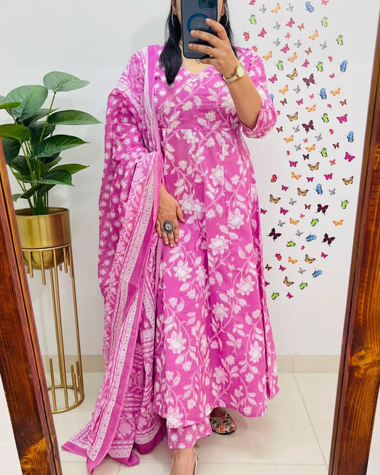 Biba Elegant Olive Pink Ethnic Suit with Printed Dupatta