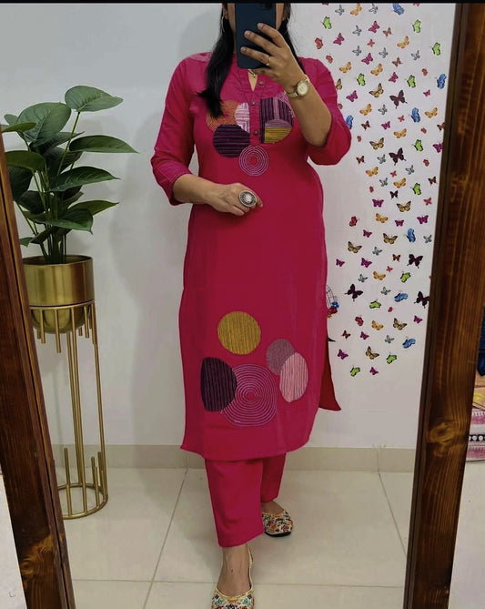 Biba Vibrant Fuchsia Pink Embroidered Cotton Kurta Set