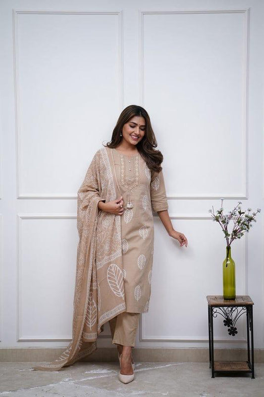 Biba Elegant Beige Embroidered Cotton Salwar Kameez Set