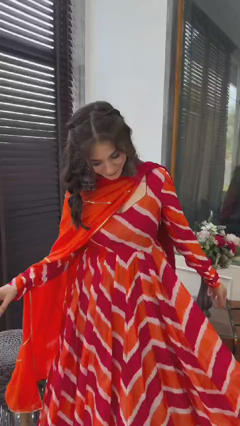 Biba Orange Leheriya Organza Anarkali Suit Set